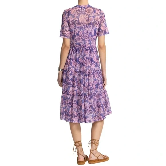 JOHNNY WAS Floral Midi Dress Purple Florentina Sz M & L‎ Mesh Tiered A Line Boho - Picture 6 of 9